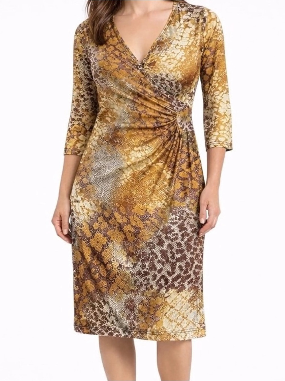 Mlle Gabrielle Wrap Style Dress Snake Print Mustard Brown Womens Size Small